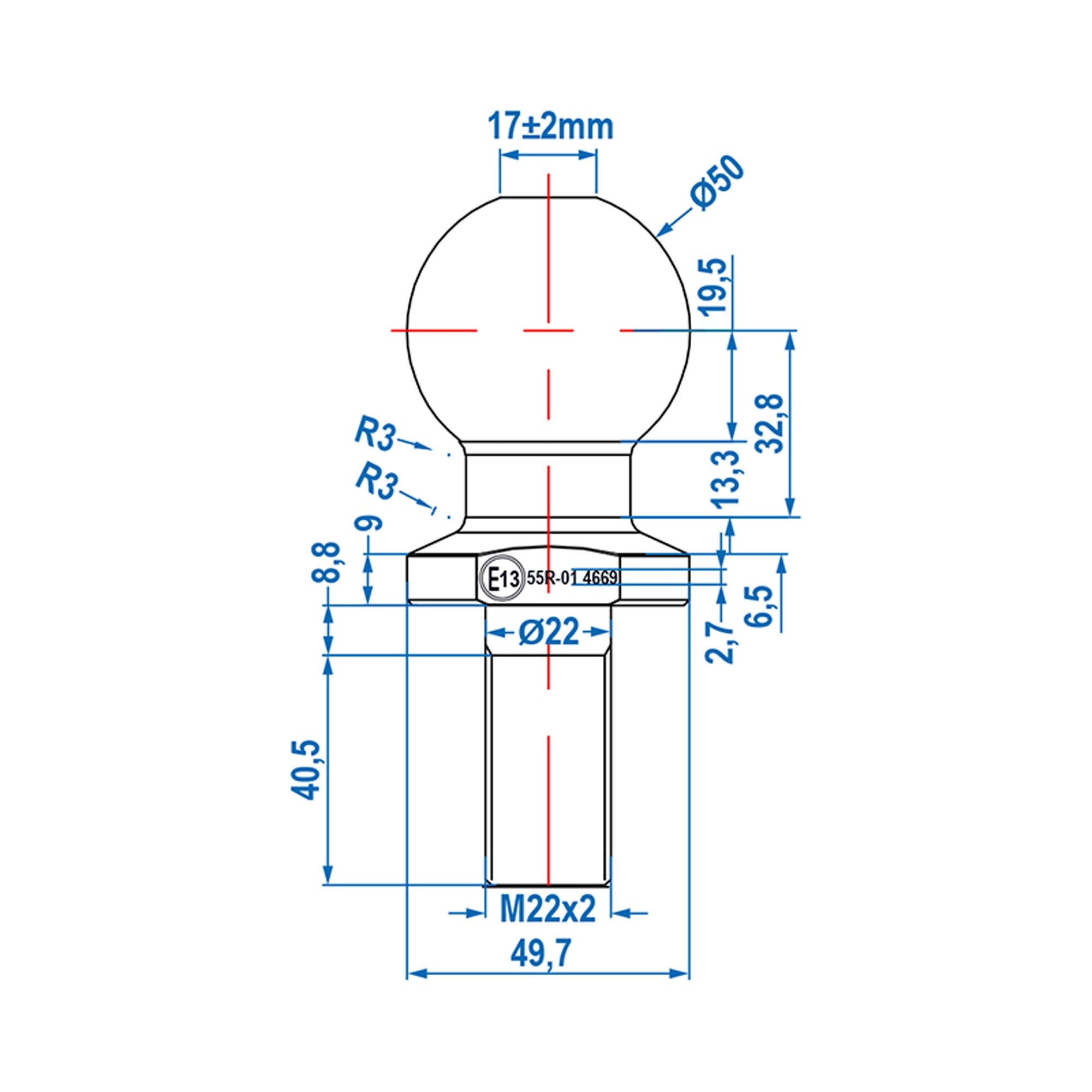 2000kg Anhänger Kugelkopf gerade M22x50mm E13