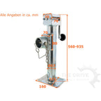 Stützfuss mit Handkurbel, Klappbar, Ø57 x 560mm mit Sperrbolzen Stützlast 1300kg SIMOL trailerteile.eu.