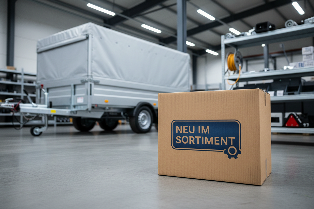 Karton mit "Neu im Sortiment" und Anhänger im Hintergrund