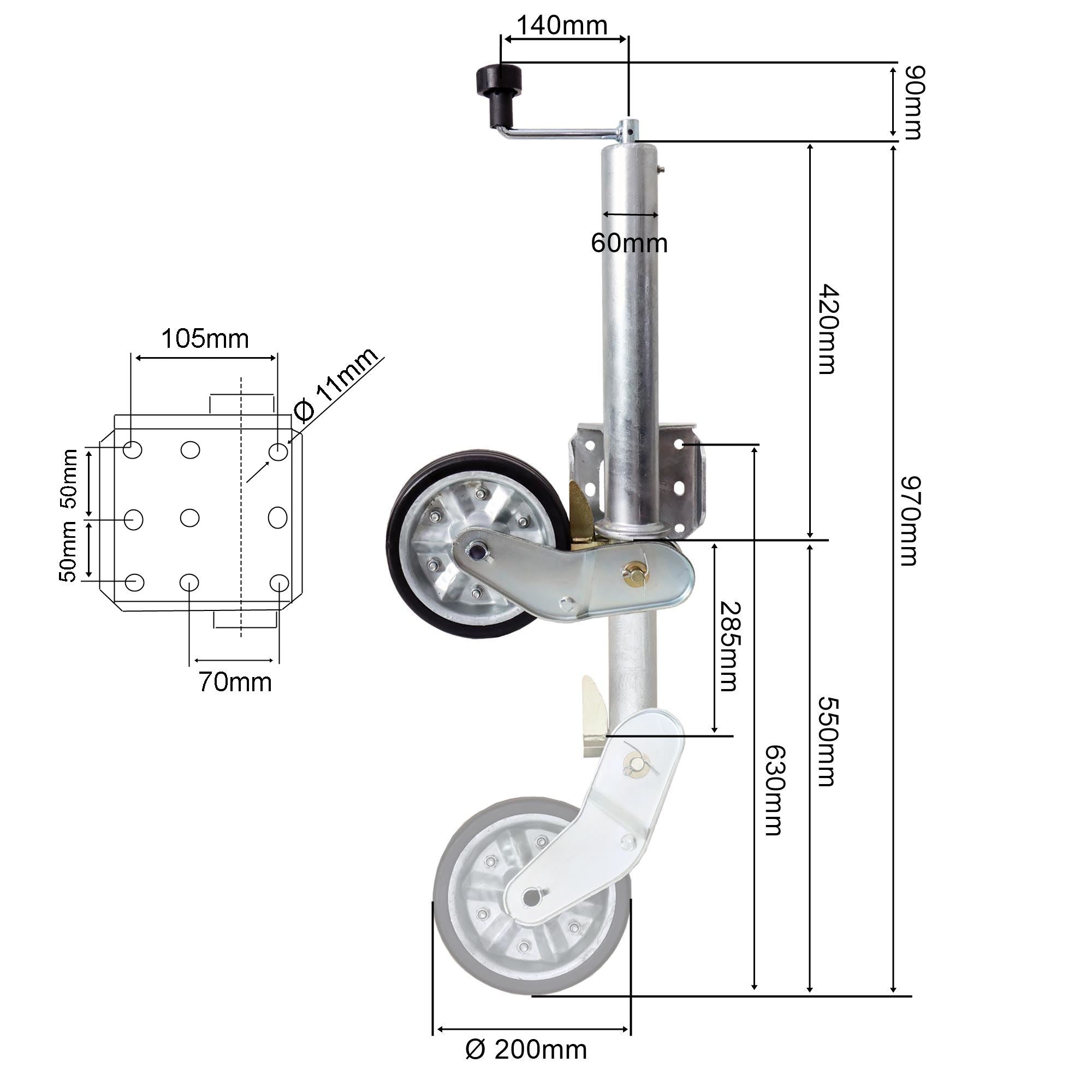 Stützrad 500KG TD60V 200x50 erhöhte Tragfähigkeit inkl. Befestigungsschrauben