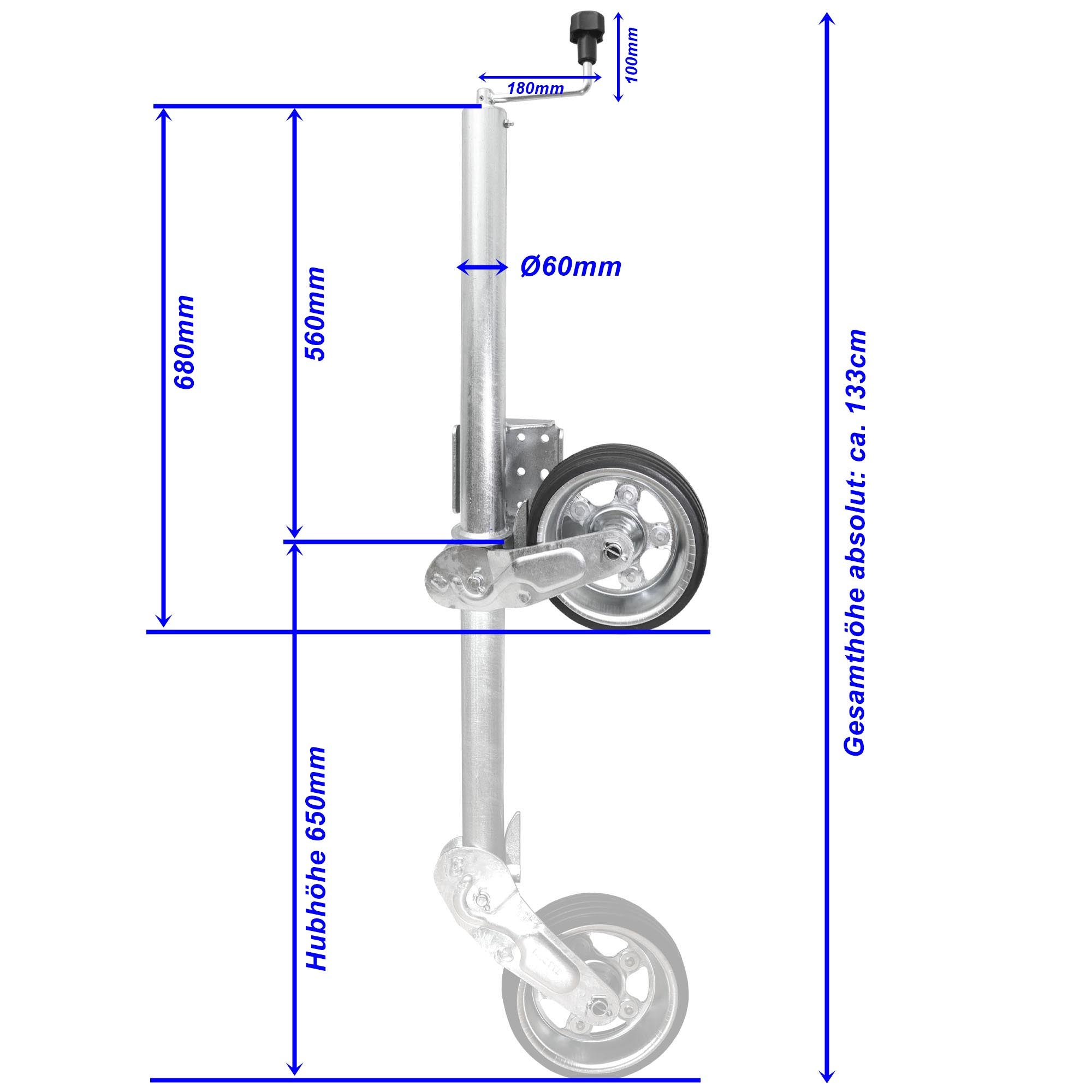 Stützrad 500KG TD60V-XL 230x80 extra Lang TheDrive trailerteile.eu.