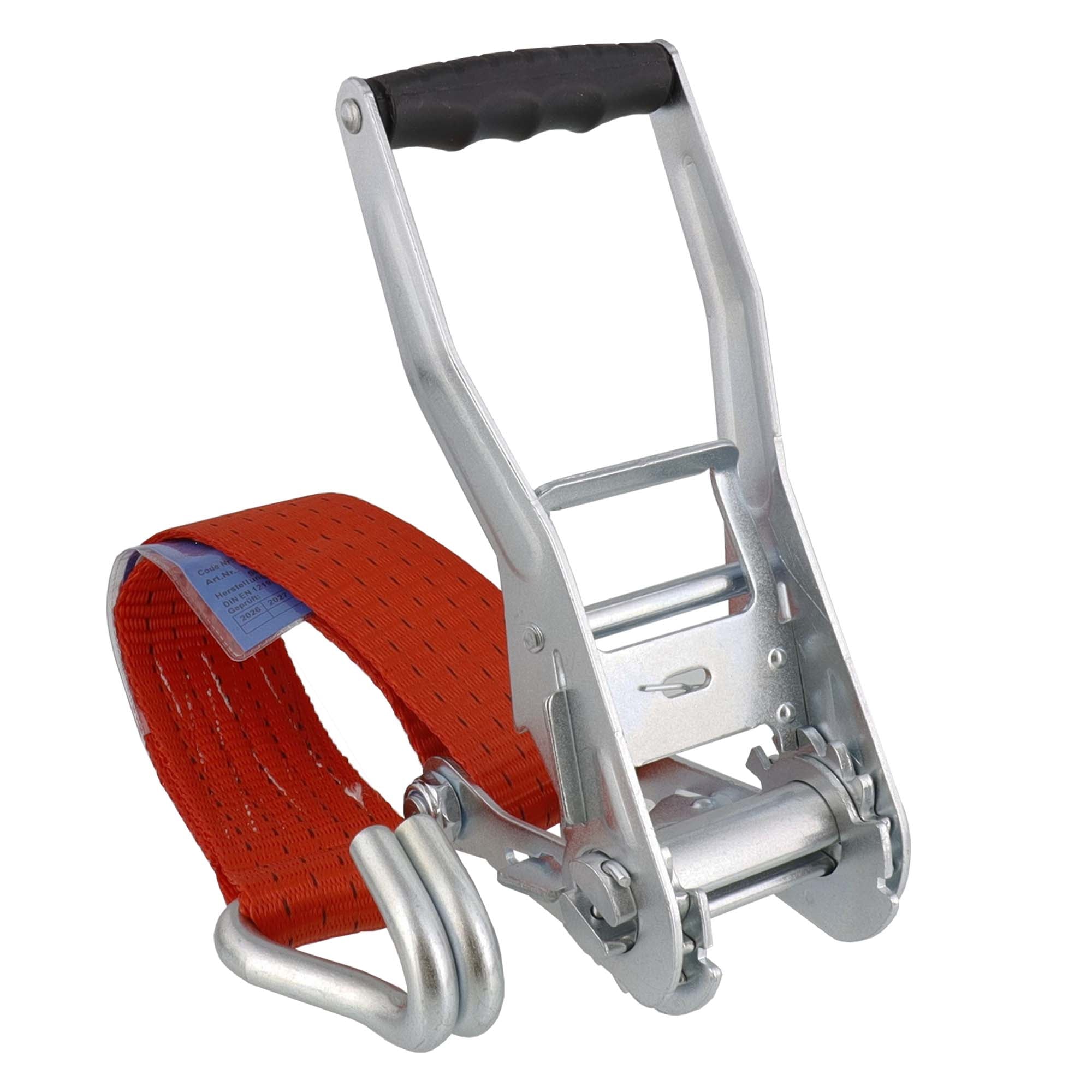 S-Line Zurrgurt 5035, 8 m, Festende 0,5 m, Losende 7,5 m, zweiteilig, mit Druckratsche R50E1 und Spitzhaken doppelt 5002, Gewebe 50 mm, rot, LC 2500 daN im geraden Zug/5000 daN in der Umreifung, STF 350 daN, Dehnung < 5 %