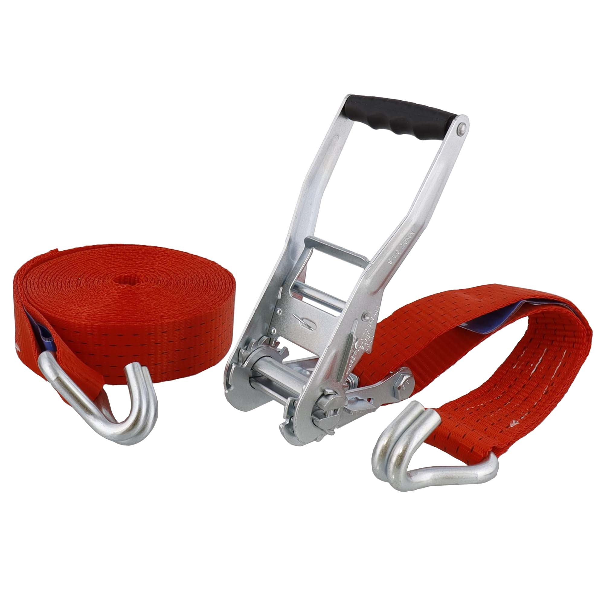 S-Line Zurrgurt 5035, 8 m, Festende 0,5 m, Losende 7,5 m, zweiteilig, mit Druckratsche R50E1 und Spitzhaken doppelt 5002, Gewebe 50 mm, rot, LC 2500 daN im geraden Zug/5000 daN in der Umreifung, STF 350 daN, Dehnung < 5 %