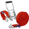 S-Line Zurrgurt 5035, 8 m, Festende 0,5 m, Losende 7,5 m, zweiteilig, mit Druckratsche R50E1 und Spitzhaken doppelt 5002, Gewebe 50 mm, rot, LC 2500 daN im geraden Zug/5000 daN in der Umreifung, STF 350 daN, Dehnung < 5 % SUER trailerteile.eu.